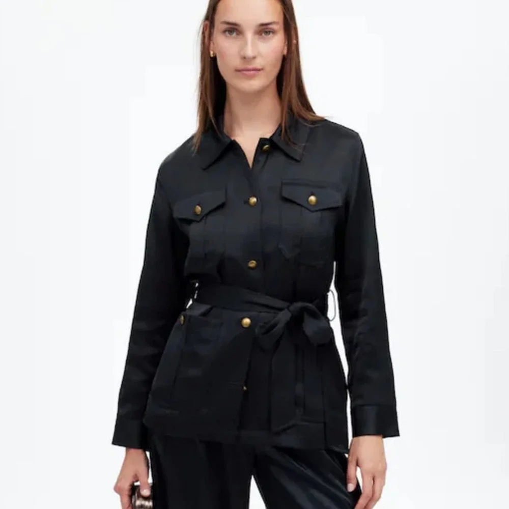 NWT Madewell Double Faced Satin‎ Button Front Safari Jacket Black NT126 Size XXS